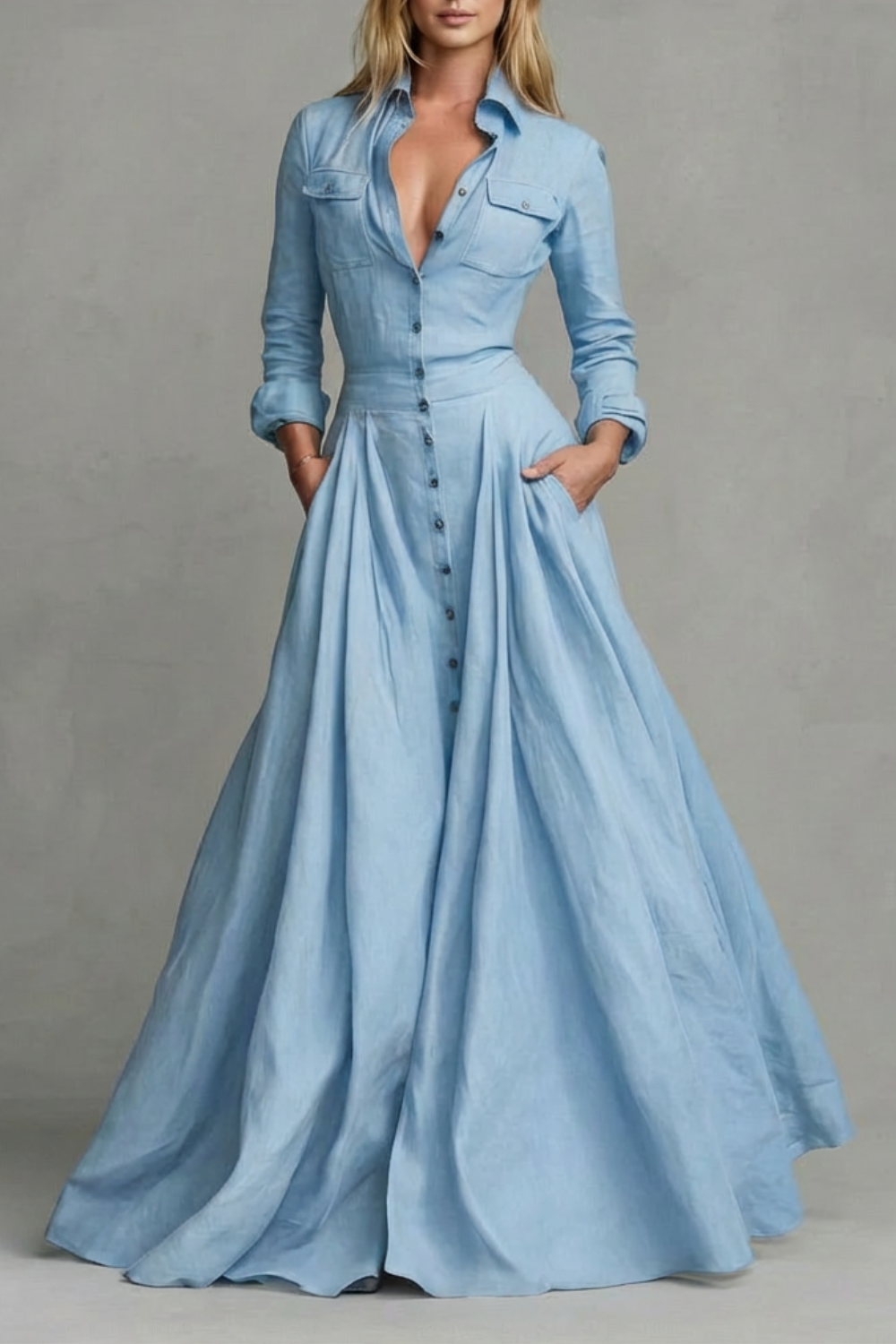 Verona – Vestido Longo com Gola e Manga Longa