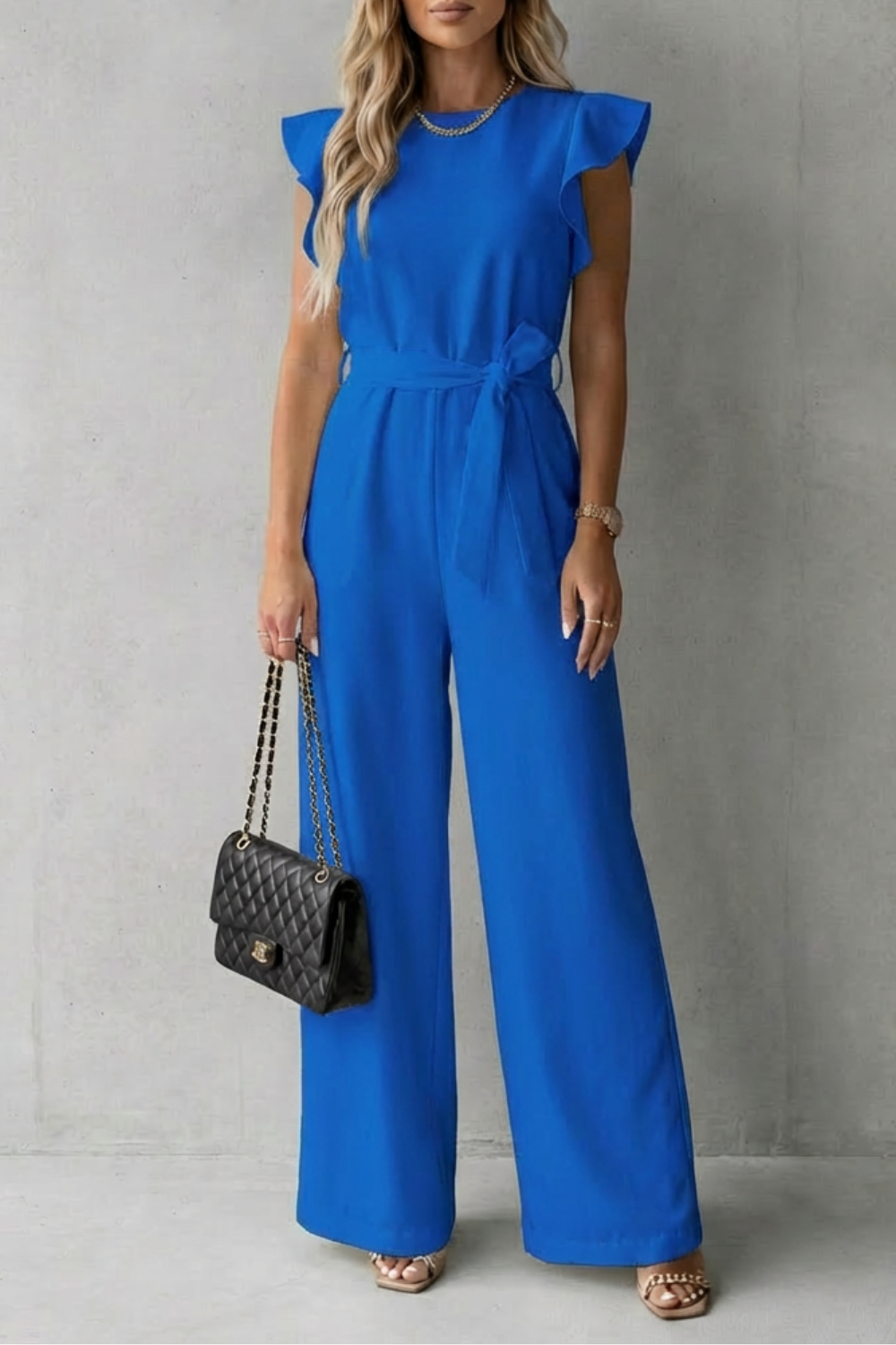 Virelle – Macacão pantalona com manga babado e cinto