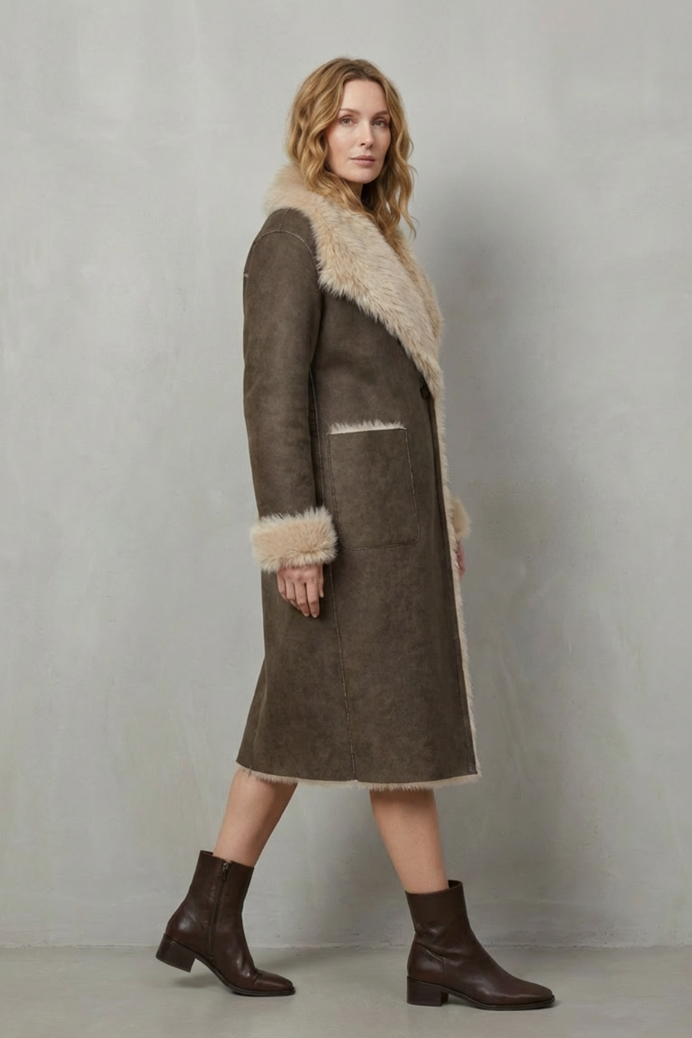 Virellia – Textura reversível – Casaco de shearling sintético