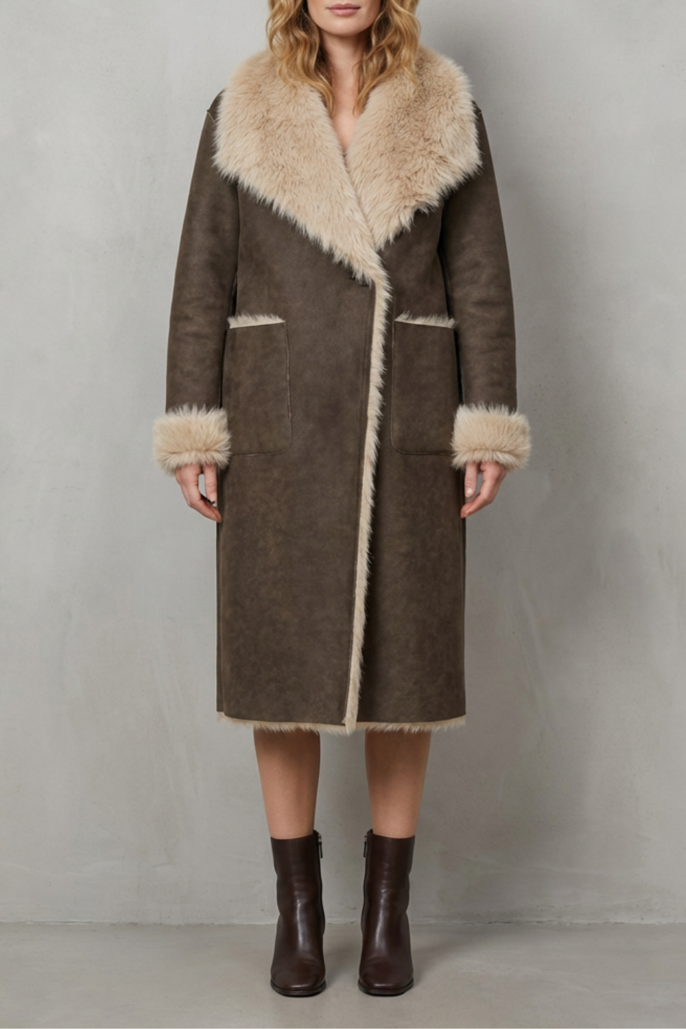 Virellia – Textura reversível – Casaco de shearling sintético