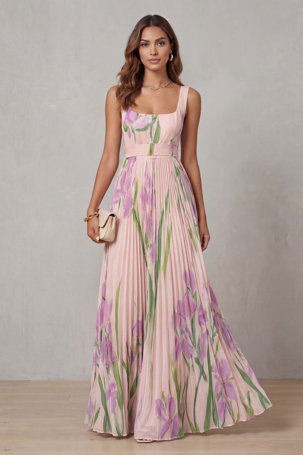 Vivienna – Floral aquarela – Vestido longo plissado