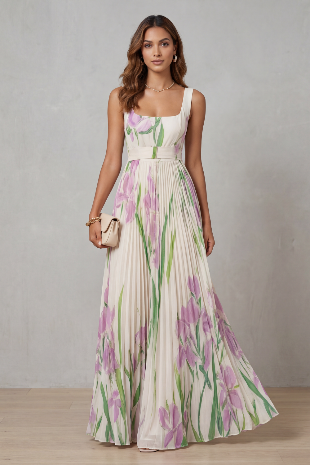 Vivienna – Floral aquarela – Vestido longo plissado