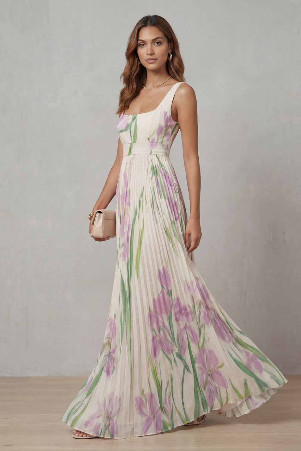 Vivienna – Floral aquarela – Vestido longo plissado