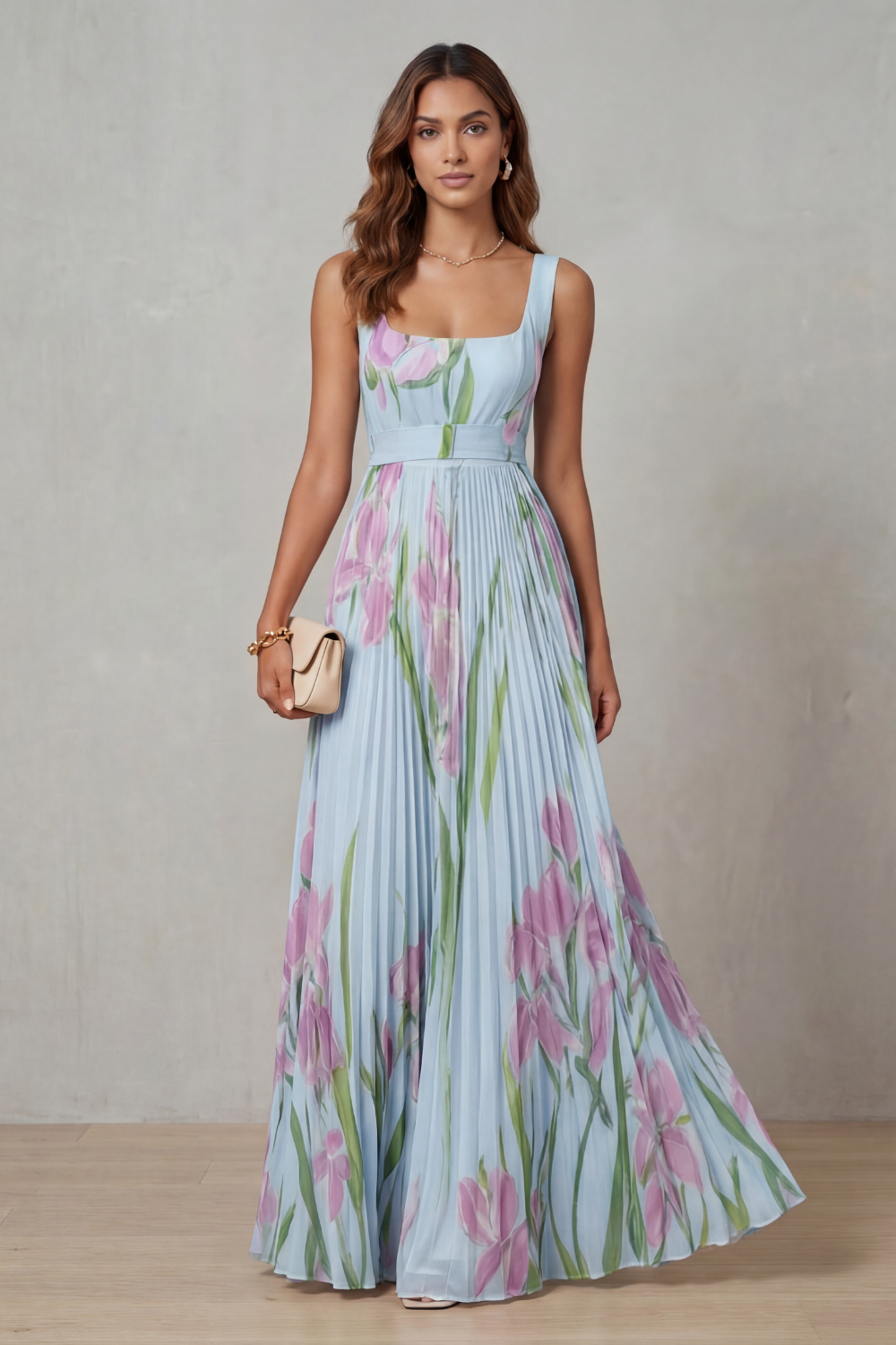 Vivienna – Floral aquarela – Vestido longo plissado