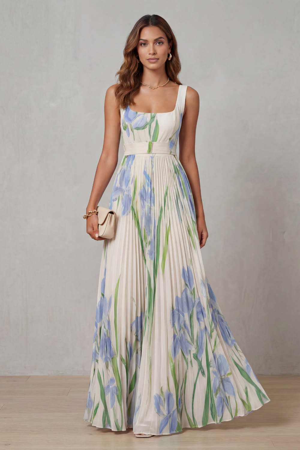 Vivienna – Floral aquarela – Vestido longo plissado