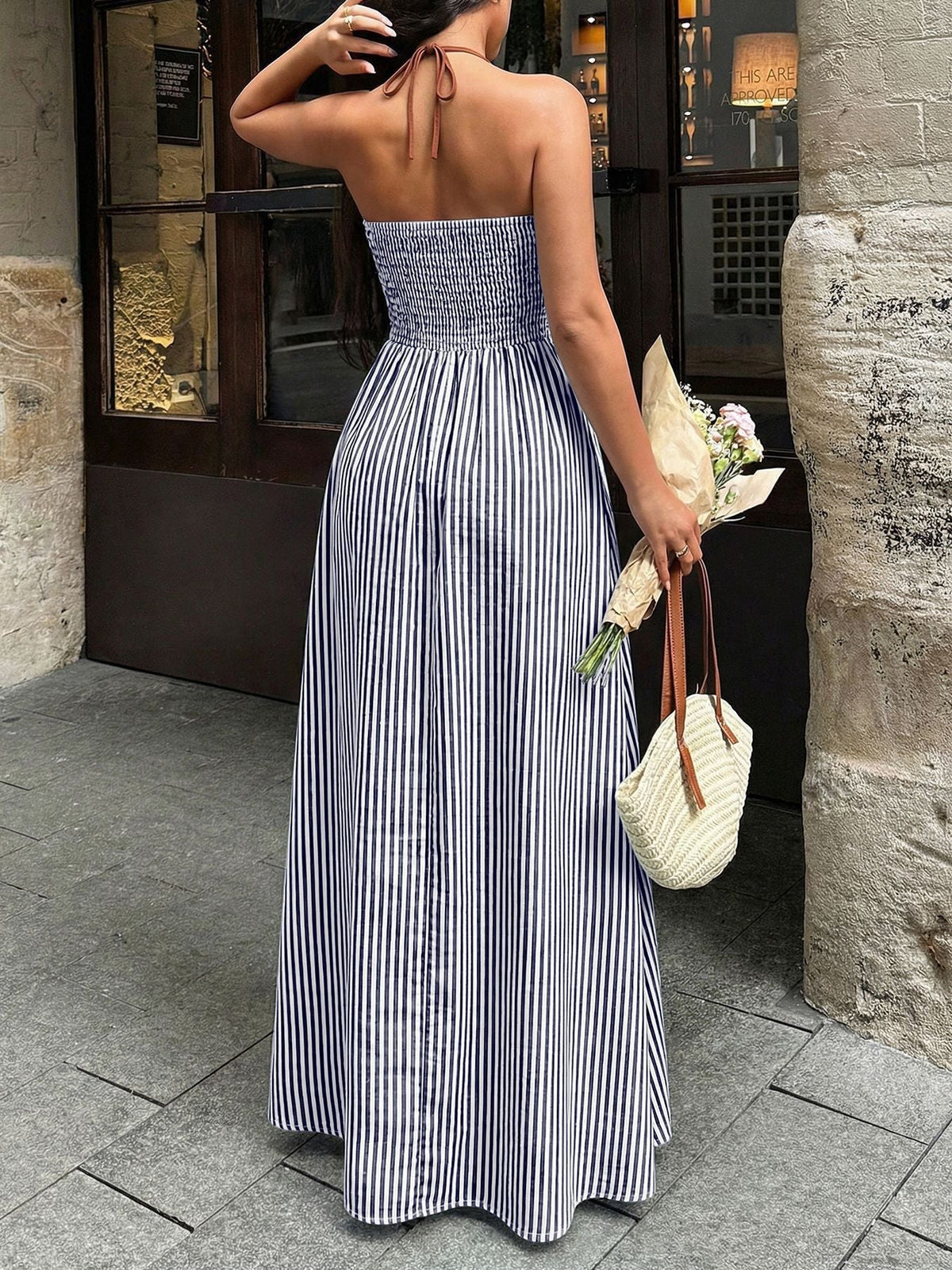 Vestido Longo Listrado Frente Única com Amarração - Aline