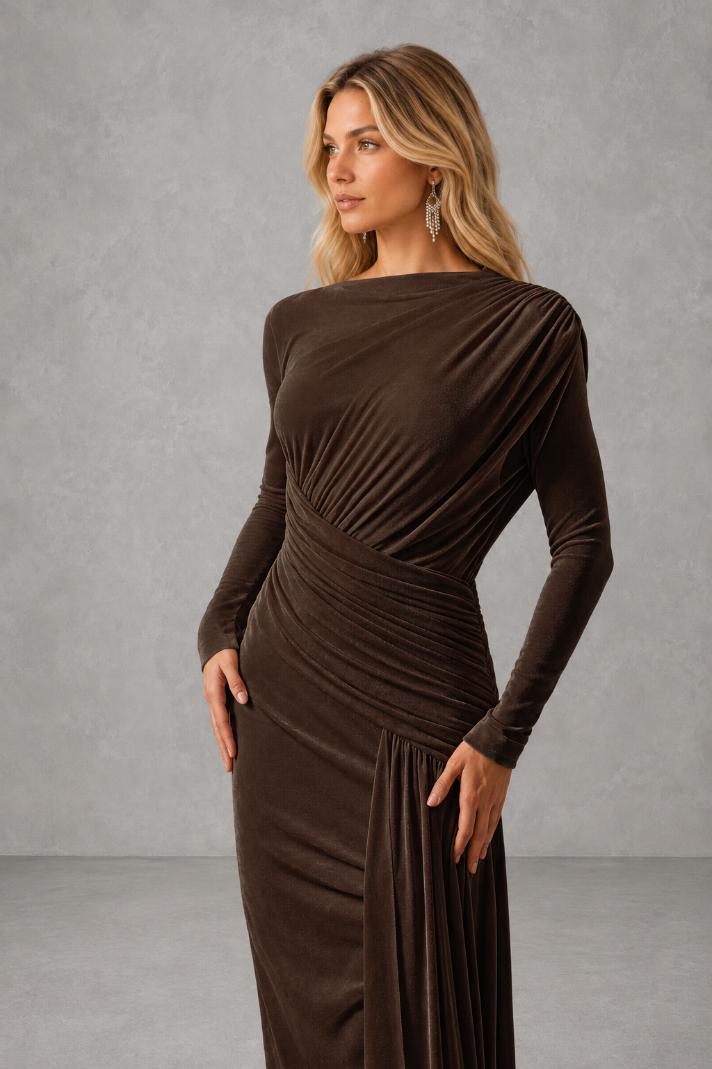 Celeste – Vestido Longo Drapeado com Pregas – Silhueta Elegante