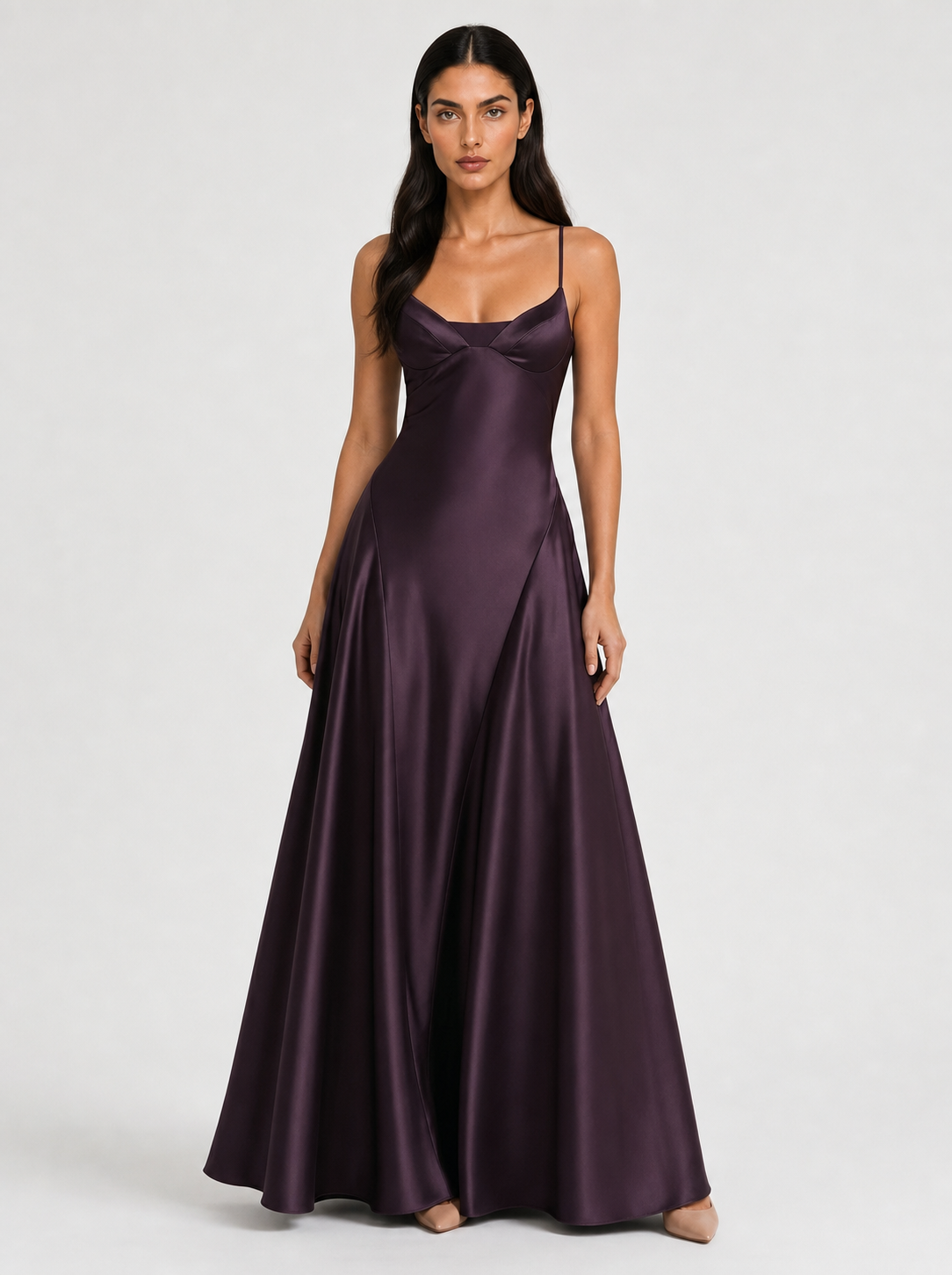Vestido Longo Cetim Decote V Alças Finas - Delfina