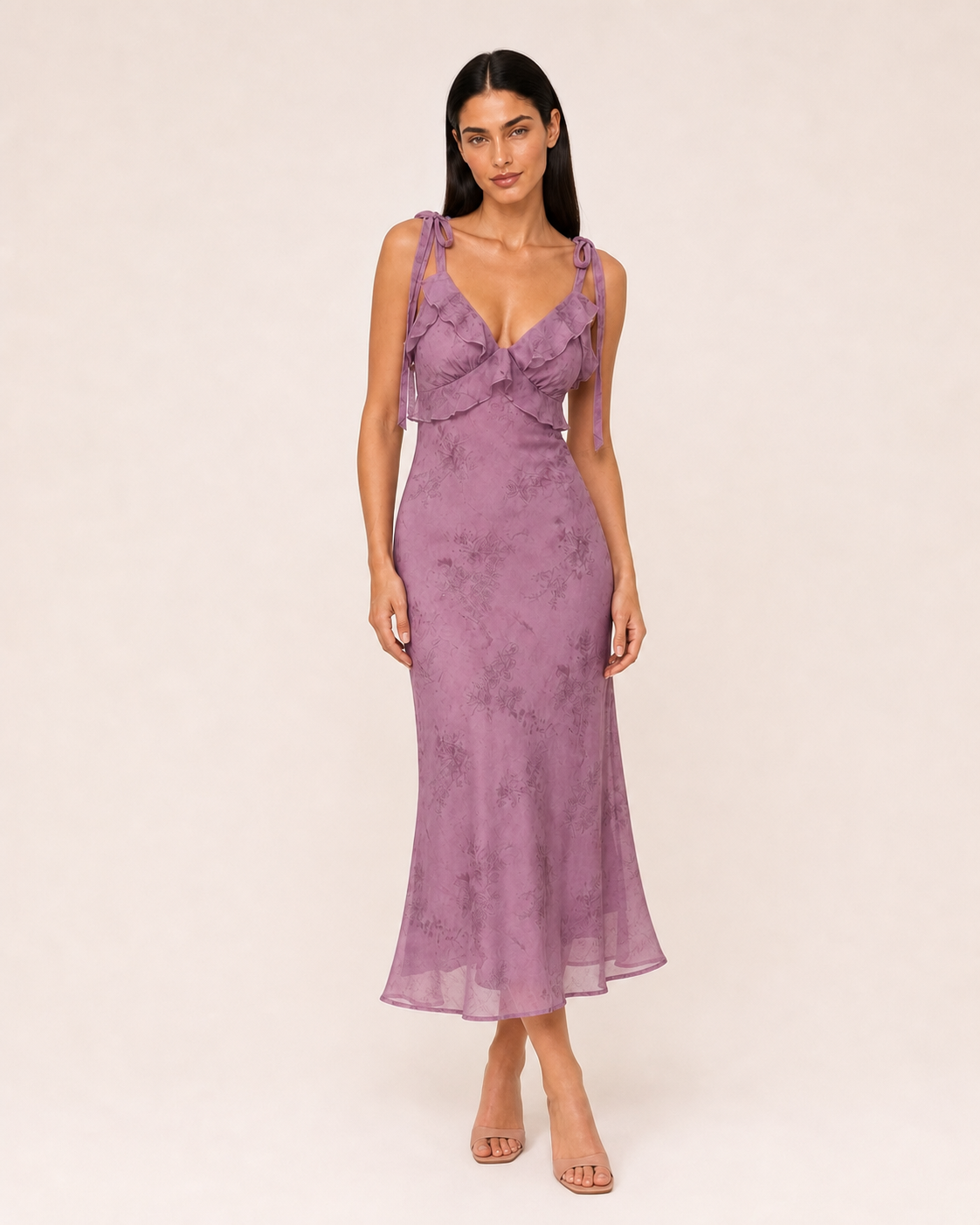 Vestido Midi Poliéster Floral com Alças de Laço e Renda Roxo - Iris