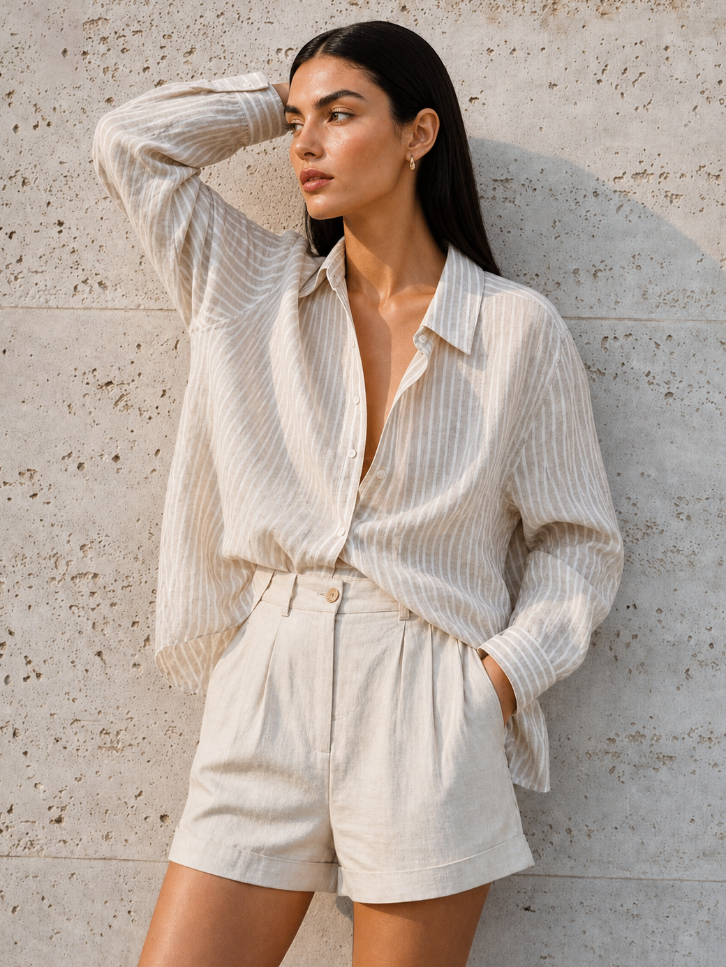 Camisa de Linho Listrada Oversized Manga Longa - Filipa