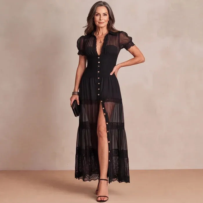 Vestido Maxi Preto Tule e Renda Manga Bufante - Rafaela