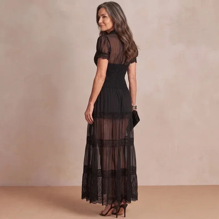 Vestido Maxi Preto Tule e Renda Manga Bufante - Rafaela