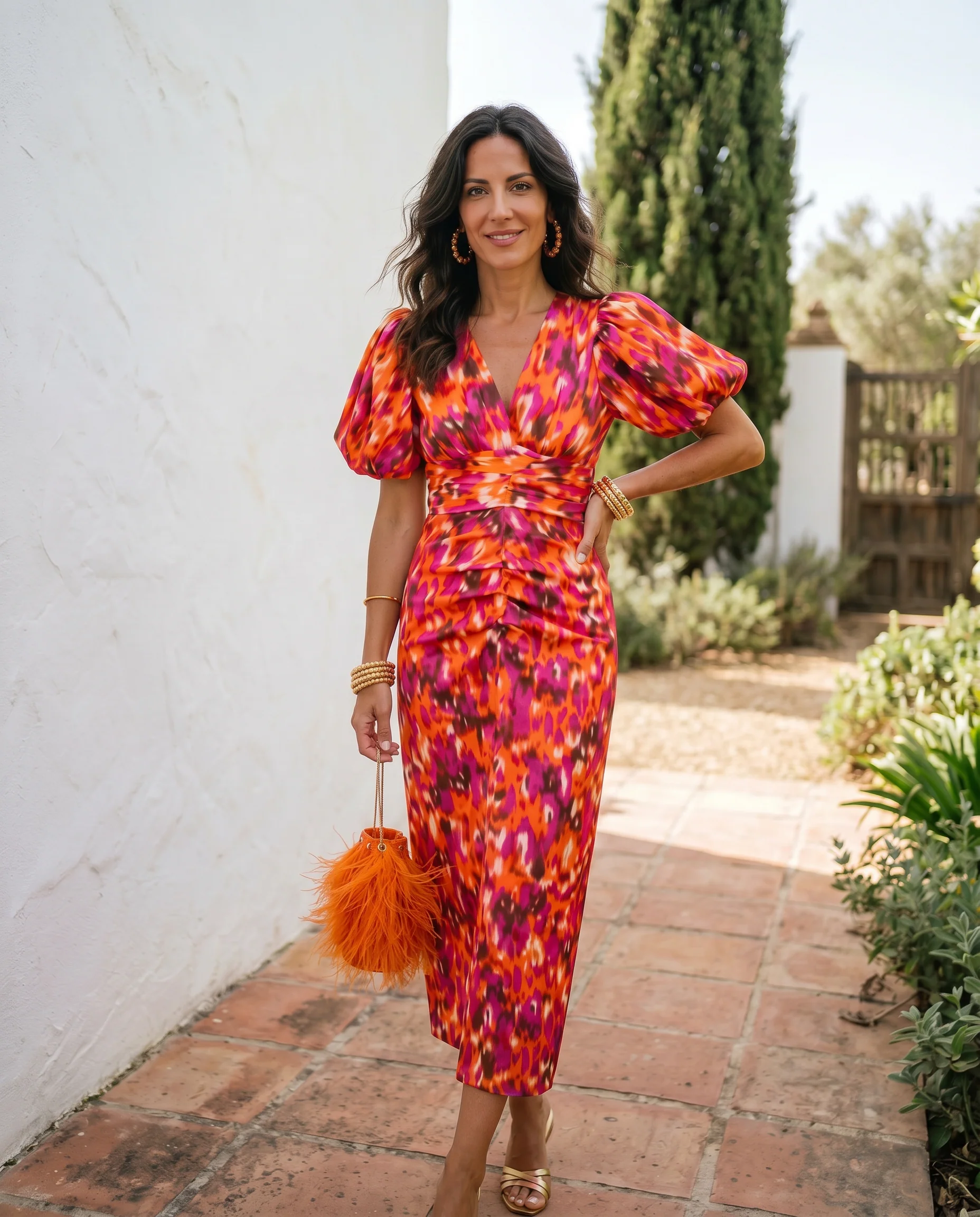 Tainara - Vestido midi estampado com mangas bufantes