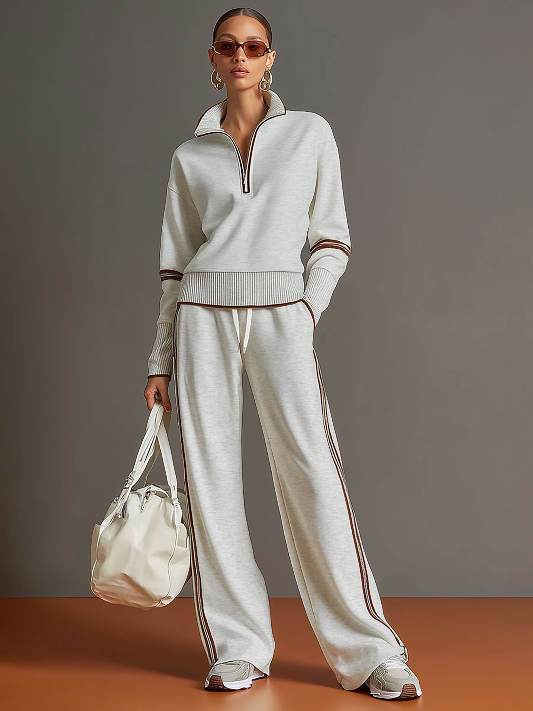 Conjunto Suéter Gola Alta Meio Zíper e Calça Wide Leg Listrada - Helena