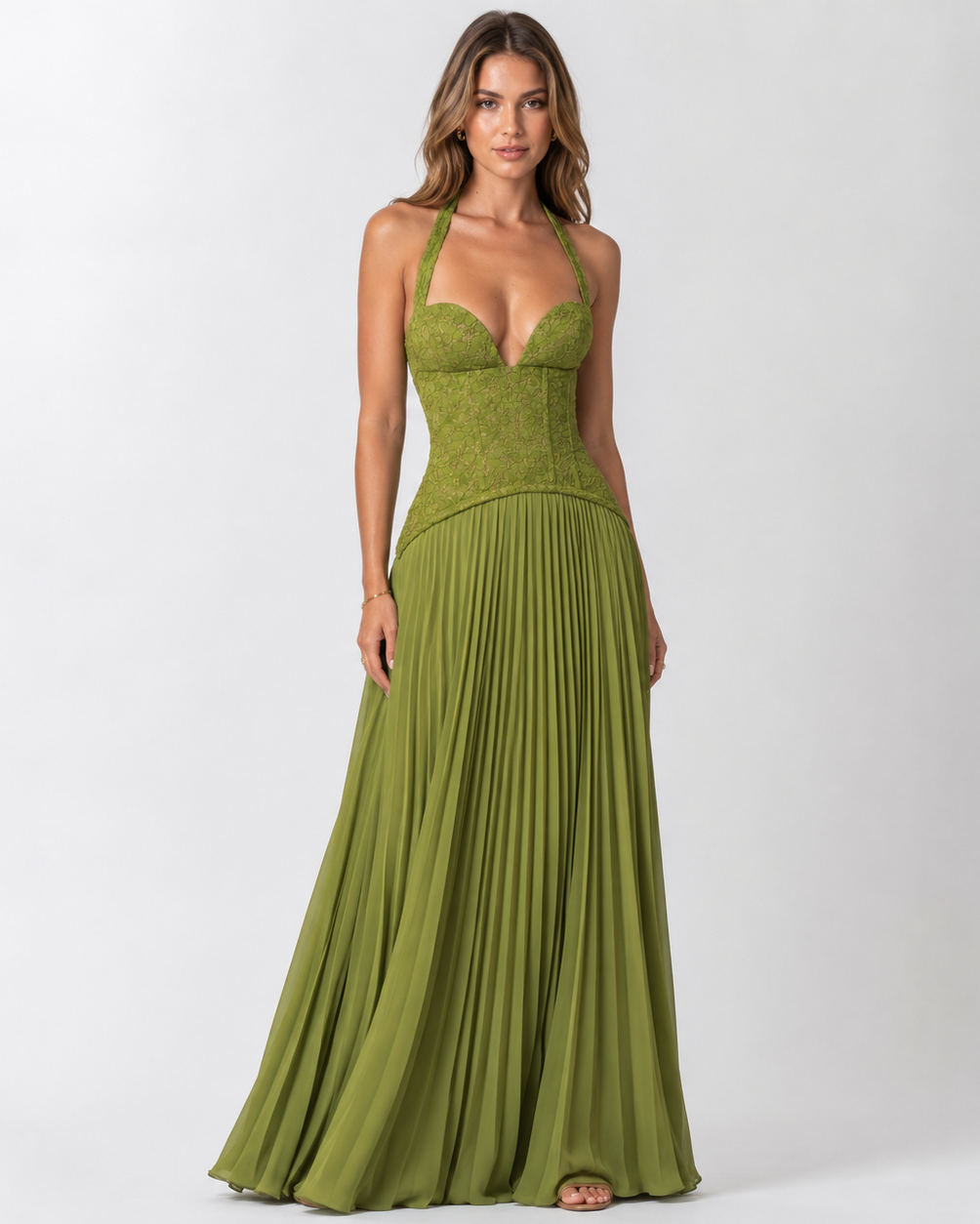 Vestido Longo Corset Renda Floral com Saia Plissada - Íris