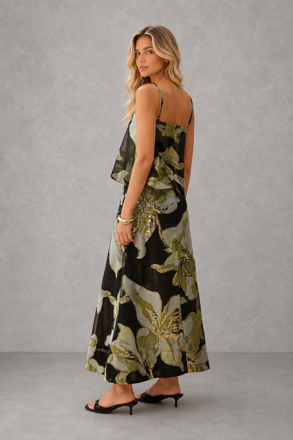 Vestido Longo Preto Floral Metalizado com Sobreposição - Nerina