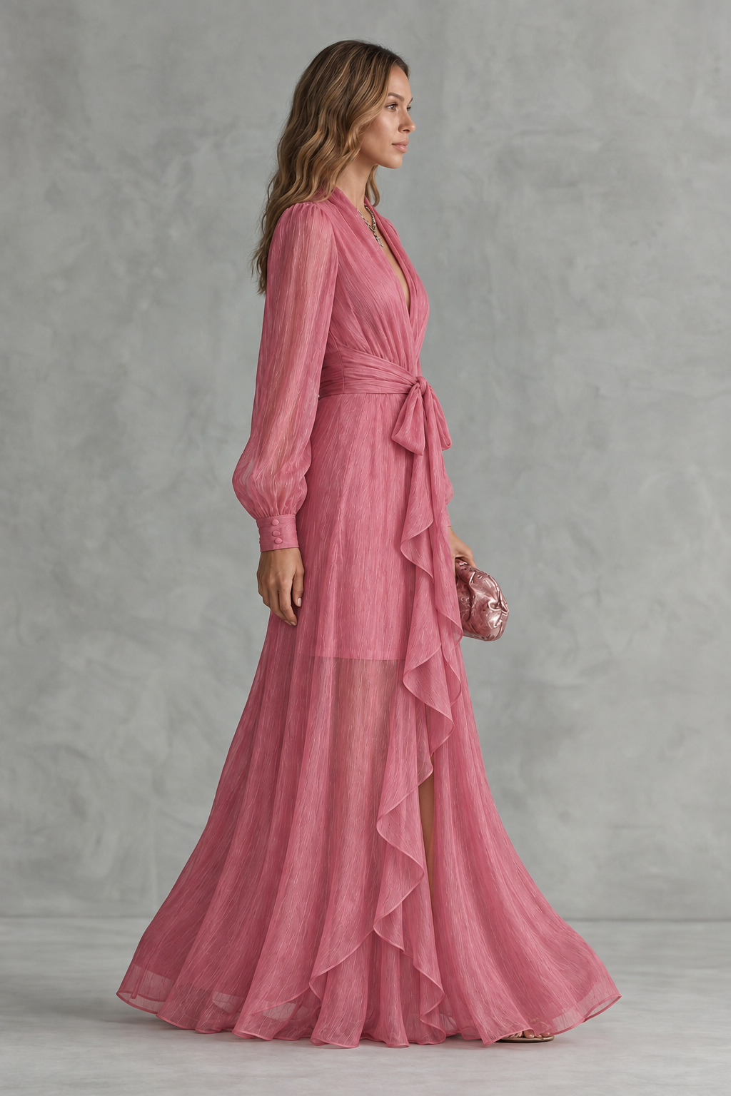 Rosénelle – Elegância fluida em chiffon – Vestido longo
