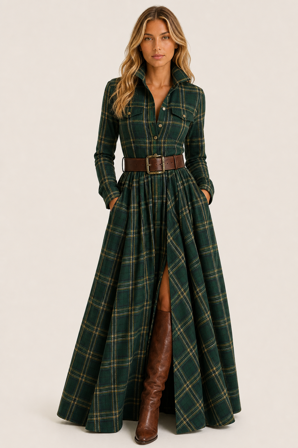 Faye Plaid Shirt Maxi Dress — studio_front — Sofia [79079038-6bda-4391-aaff-e1f33908a5b2]