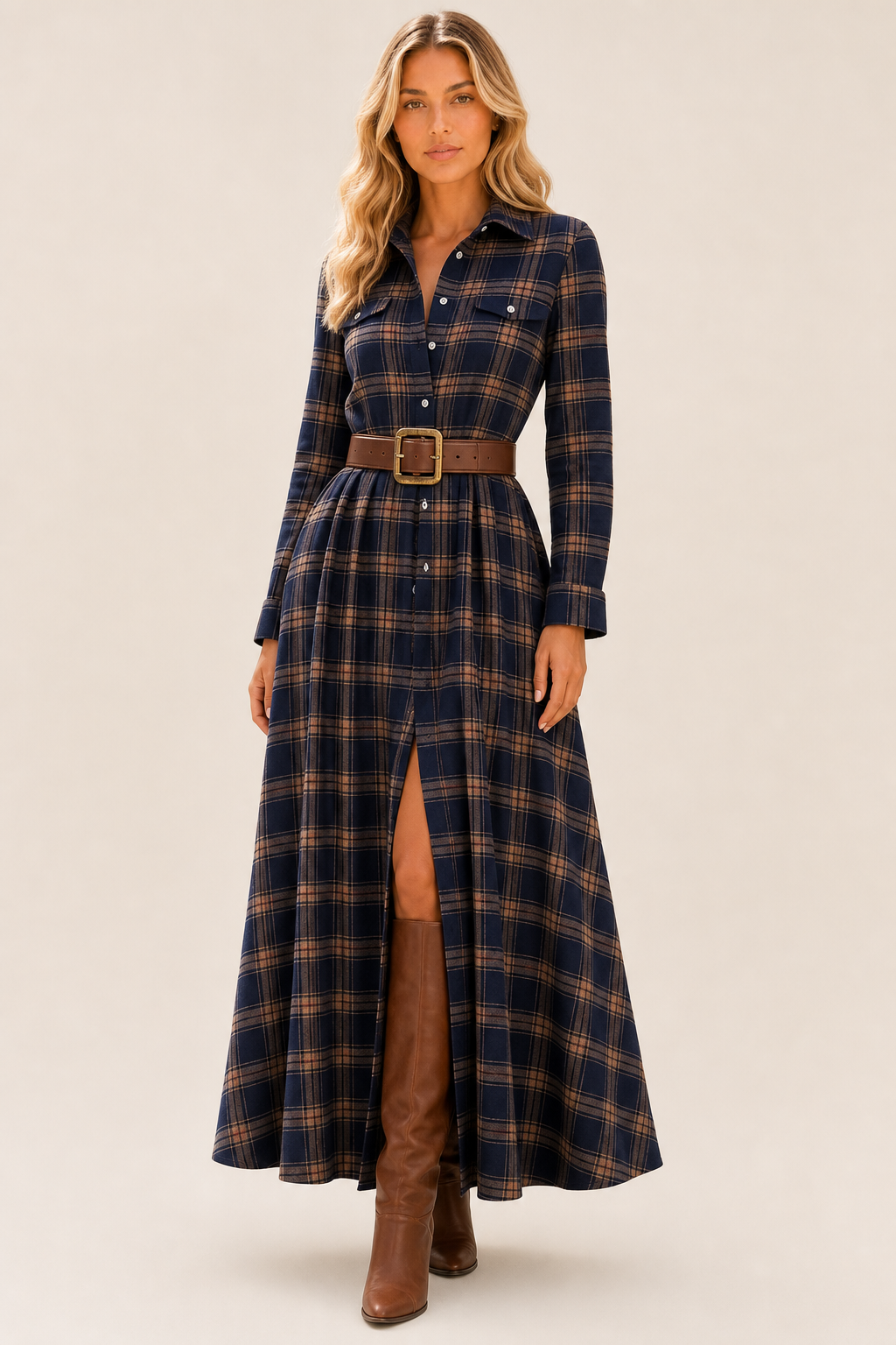 Faye Plaid Shirt Maxi Dress — studio_front — Sofia [cf343ee3-cce0-4973-8818-7f080b133855]