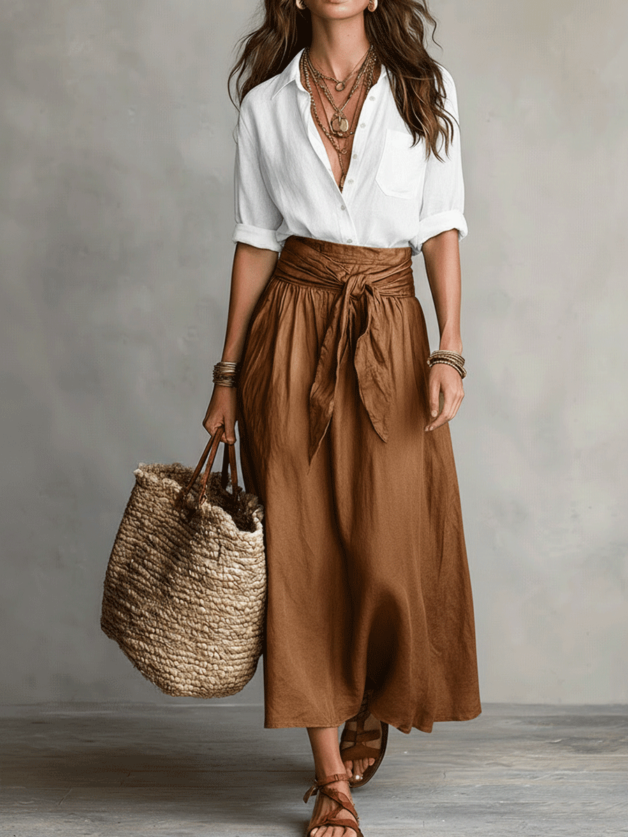 Conjunto Boho Blusa + Saia Midi — Elegância Sem Esforço
