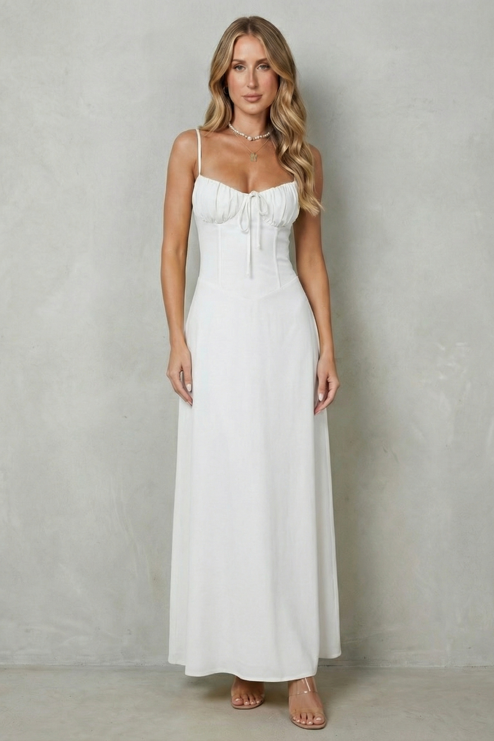 Selena – Charme de espartilho suave – Vestido longo fluido sem mangas