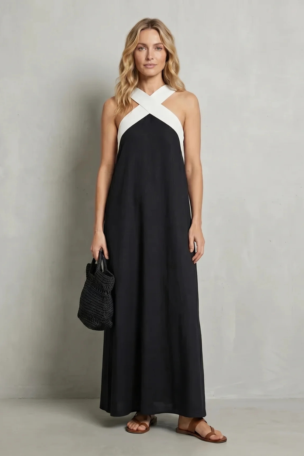 Seravelle – Elegância frente única cruzada – Vestido longo