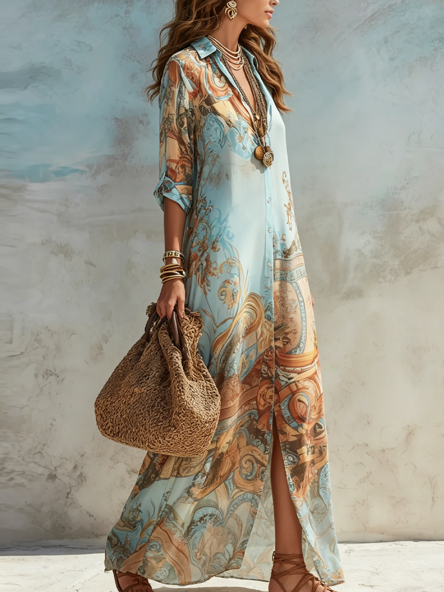 Vestido Camisa Midi Estampado Azul — Estilo Boho Chic