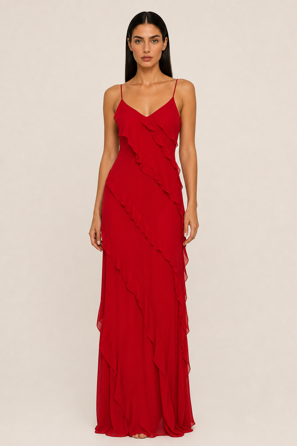 European and American Amazon Hot-Selling Chiffon Vacation Long Dress, Sexy Spaghetti Strap Backless Slit Ruffle Gown Women's Dress — studio_front — Helena [876baff4-20ba-4317-886d-43f0621bd9a5]