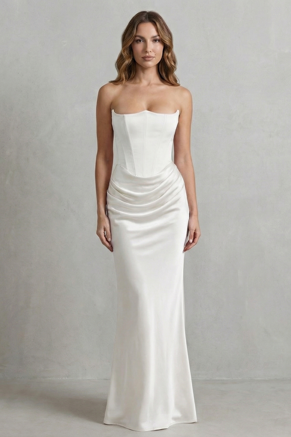 Evelisse – Drapeado de cetim esculpido – Vestido longo tomara que caia com corset