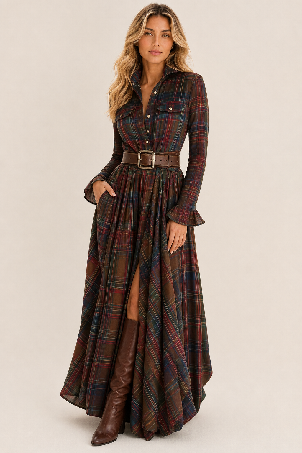 Faye Plaid Shirt Maxi Dress — studio_three_quarter — Sofia [a710e29e-ac52-46da-a88b-946956594714]