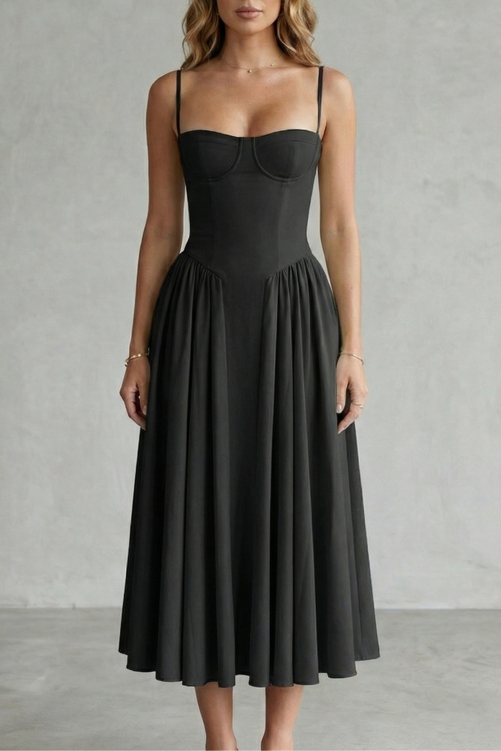 Calliope – Estrutura atemporal – Vestido Midi Feminino Estruturado sem Mangas
