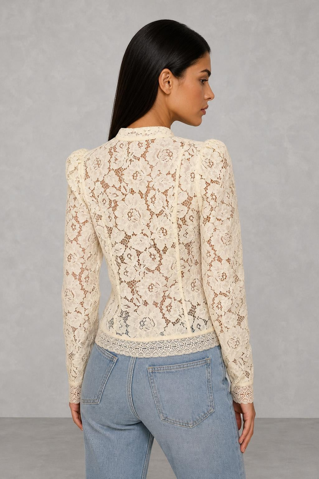 Blusa de Renda com Gola Alta e Mangas Longas - Carmenita — studio_back — Helena [2a525758-97bd-4fcc-8a17-8c2d81132bca]