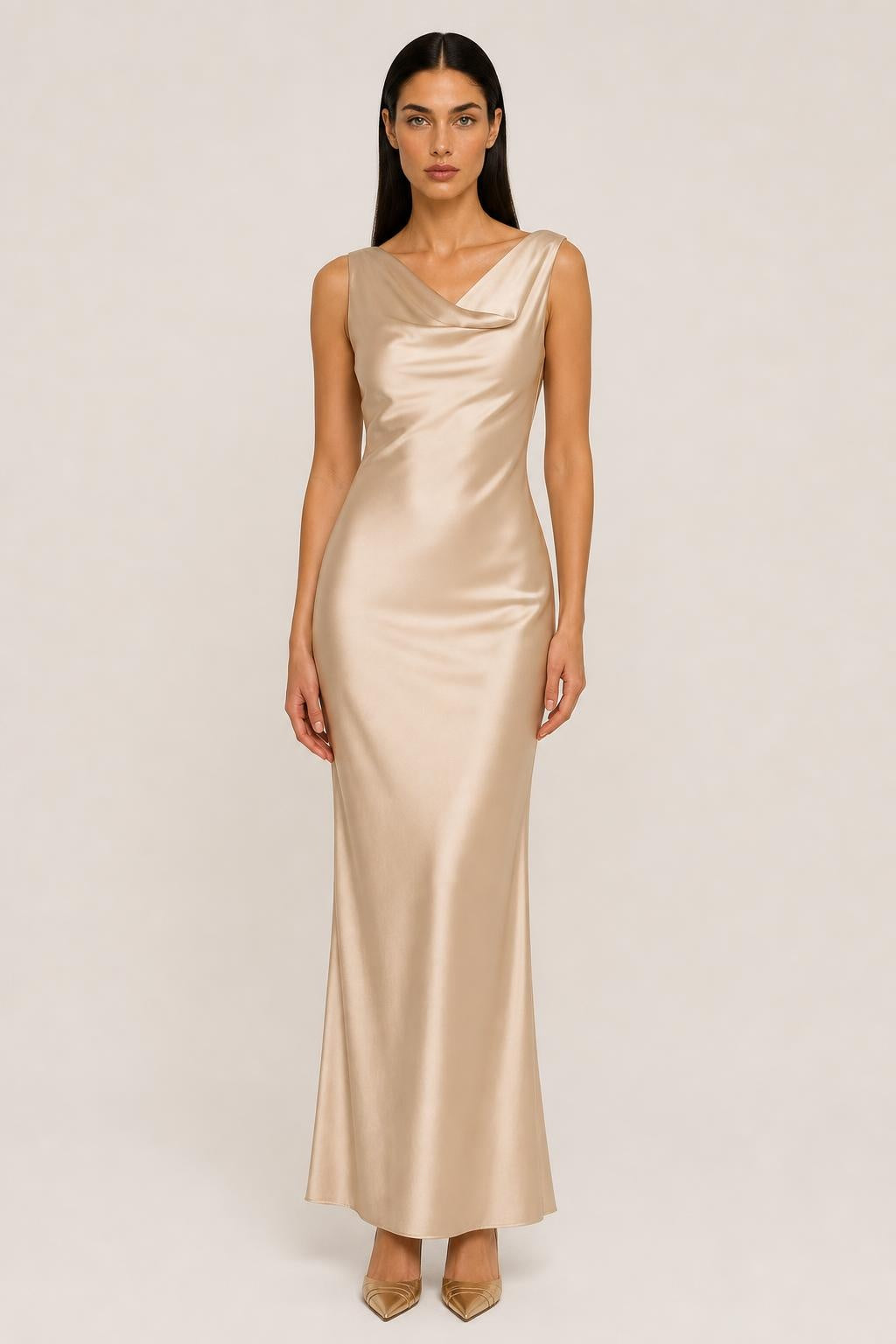 Vestido Longo Acetinado Decote Drapeado Costas Nuas - Daphne — studio_front — Helena [615950c7-a8c6-4974-b606-0e18770282a8]