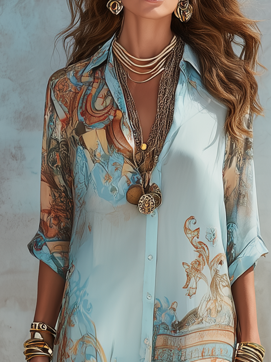 Vestido Camisa Midi Estampado Azul — Estilo Boho Chic