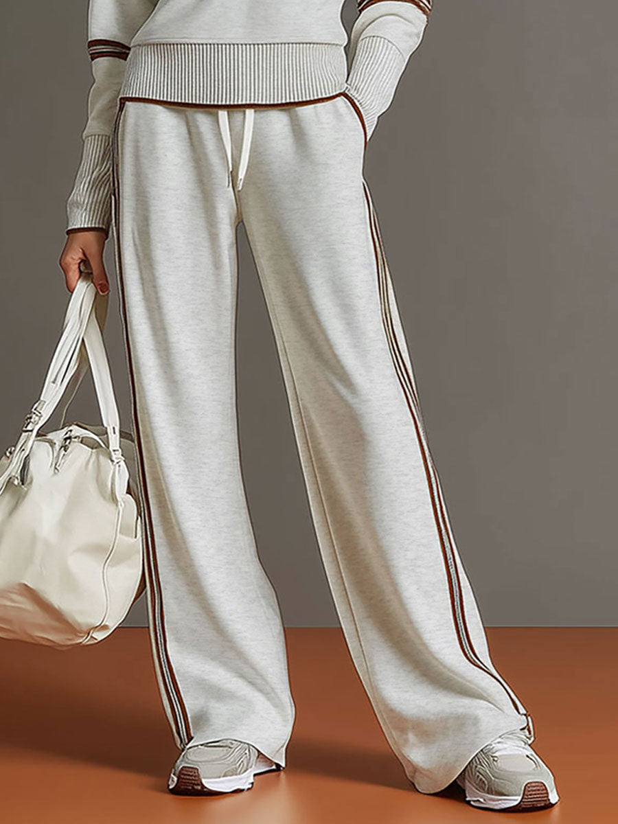 Conjunto Suéter Gola Alta Meio Zíper e Calça Wide Leg Listrada - Helena