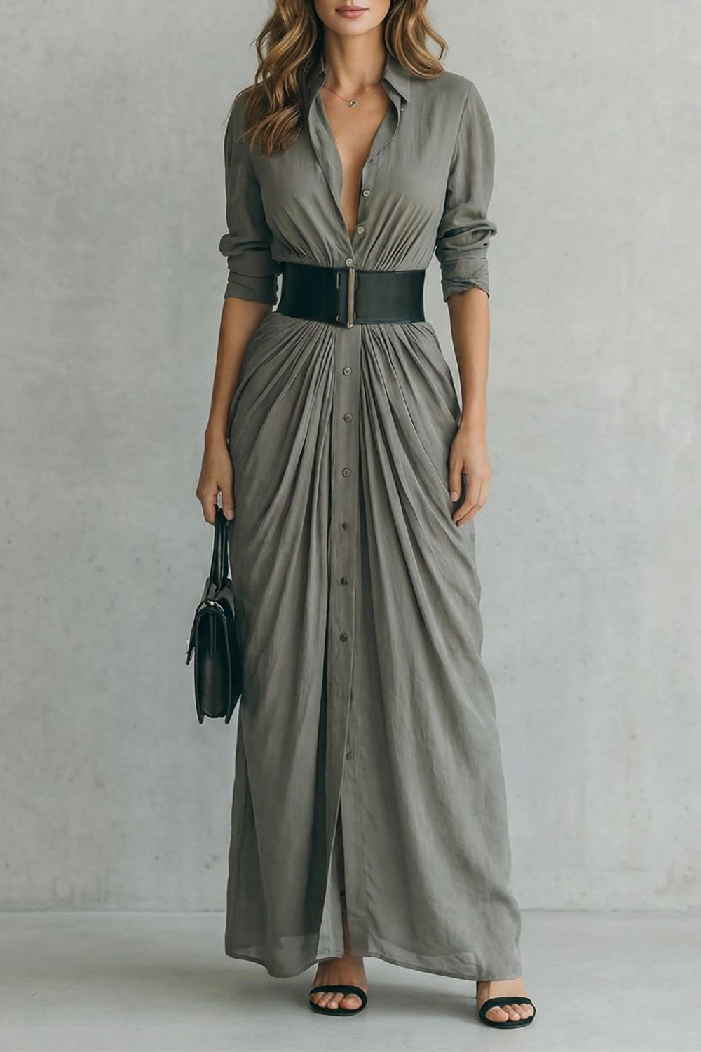 Solenzia – Drama plissada na cintura – Vestido longo estilo camisa (inclui cinto)