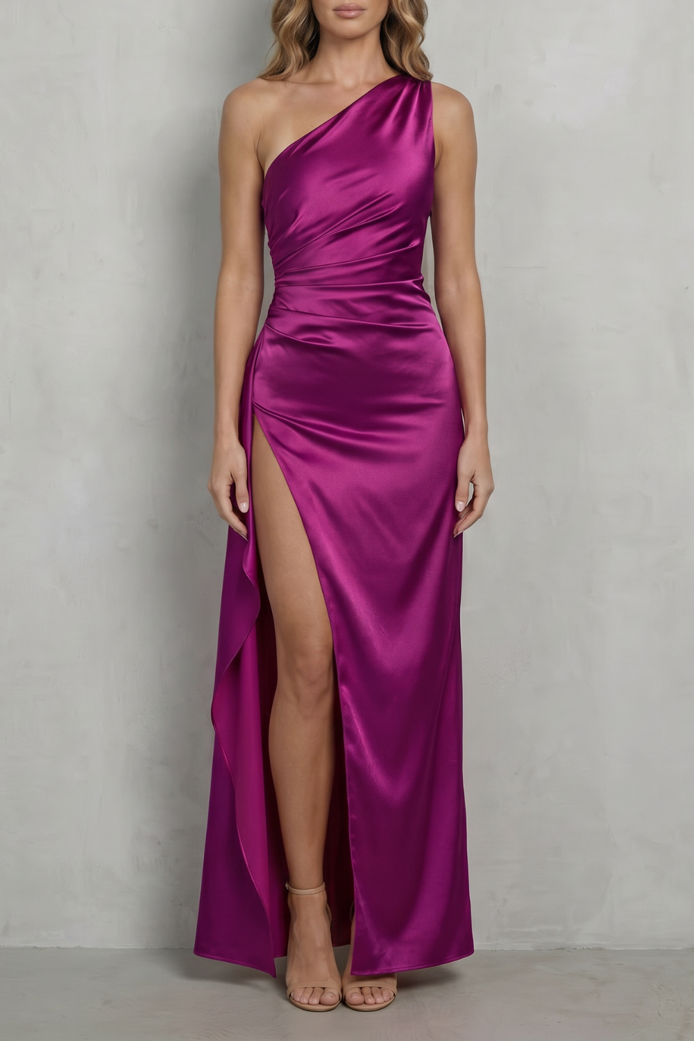 Scarlette – Cetim líquido com drapeado – Vestido longo de um ombro só para noite