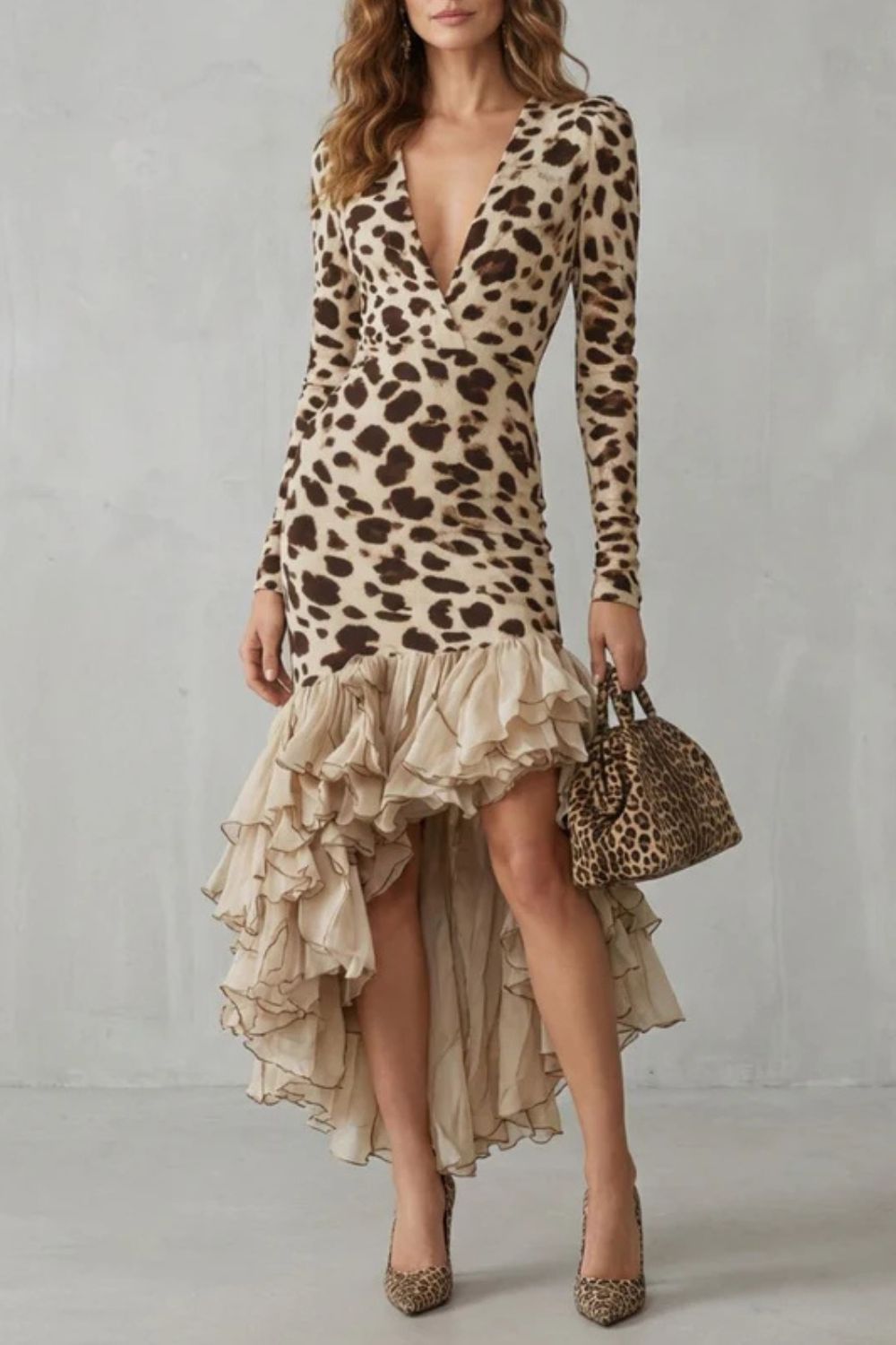 Lioraé – Barra com babados – Vestido midi estampa leopardo