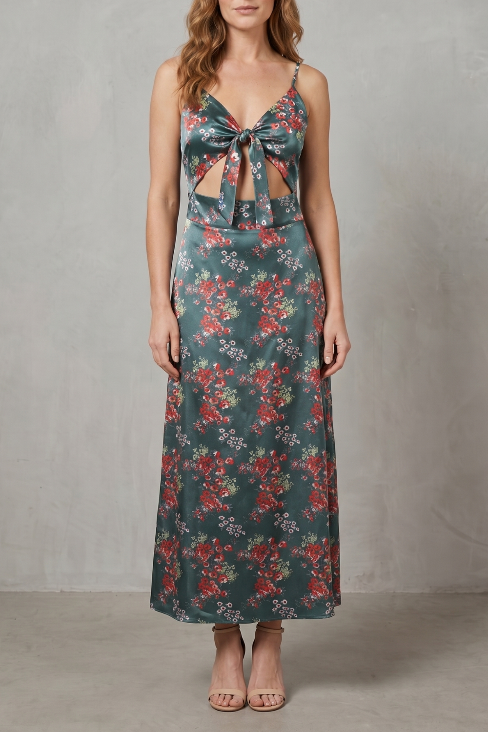 Verdelune – Charme floral acetinado – Vestido midi