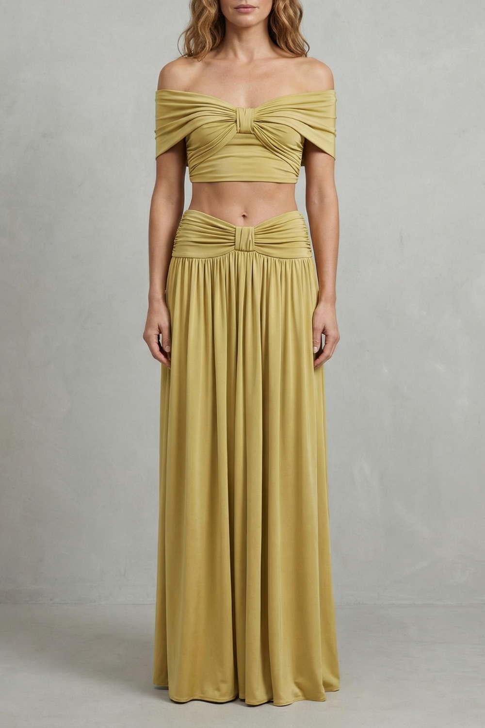 Ramona – Golden glow – Conjunto de Saia e Top Ombro a Ombro Franzido Feminino