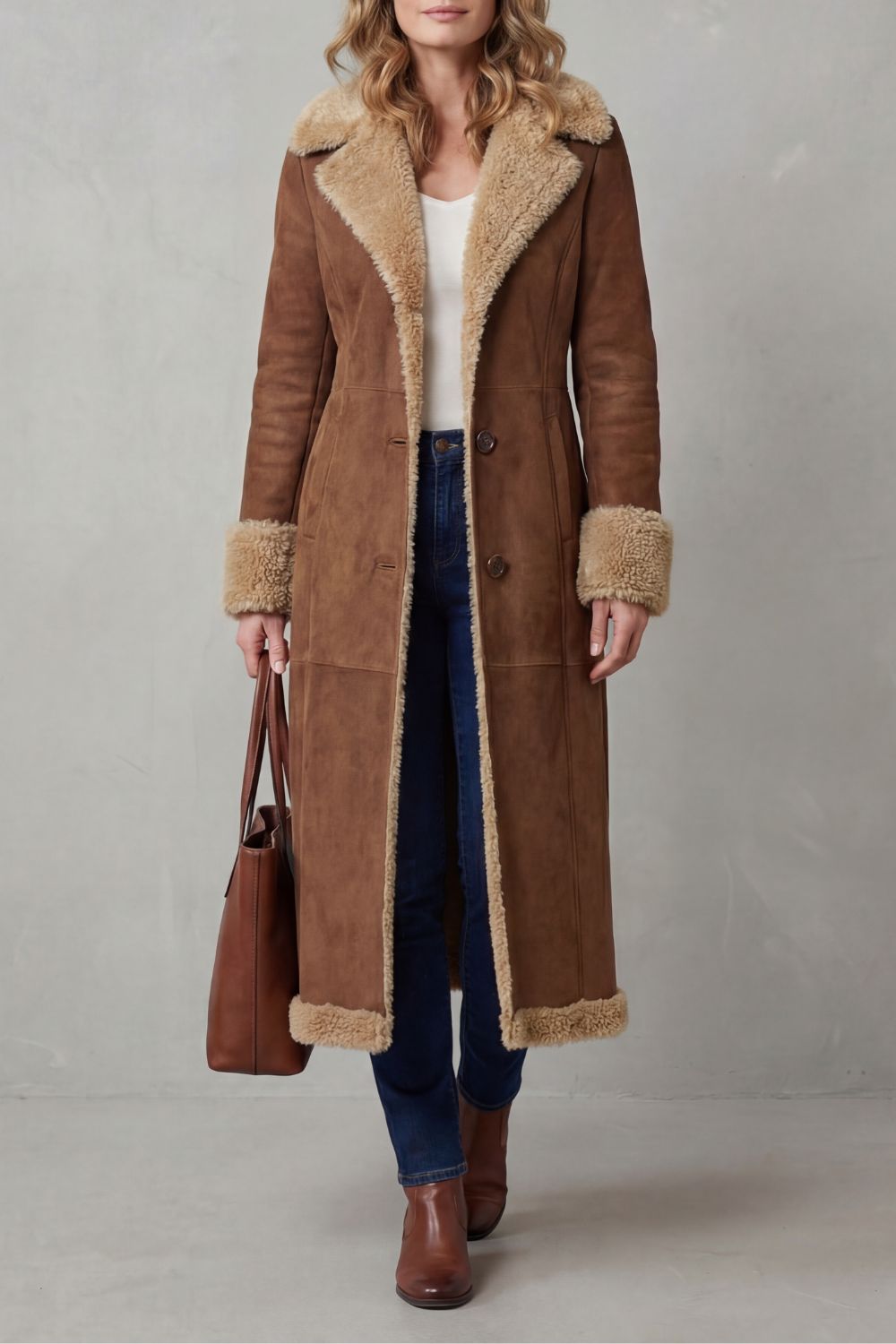 Selvion – Silhueta com forro shearling – Casaco longo de inverno