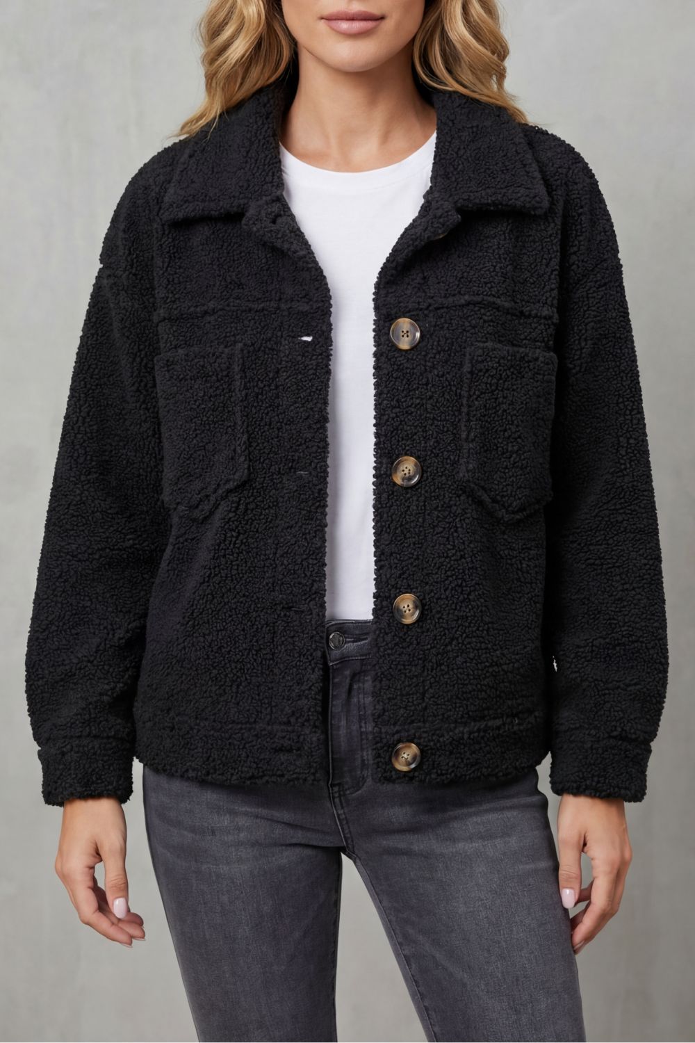 Floretta – Estilo fleece texturizado – Jaqueta com botões