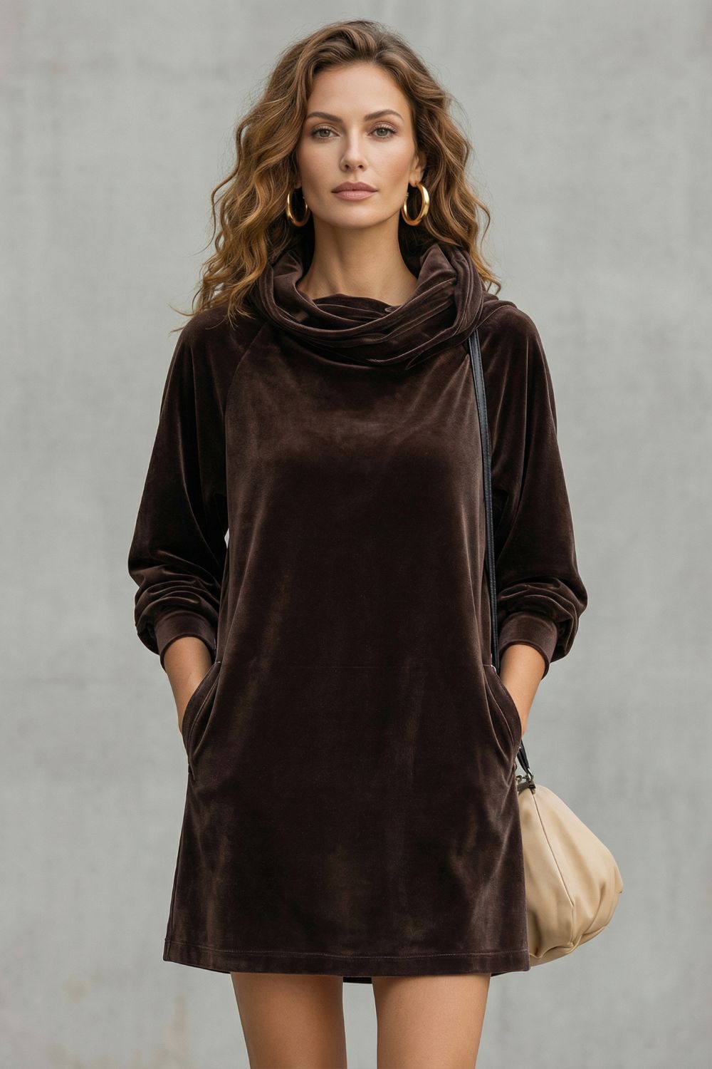 Moréna – Conforto em veludo drapeado – Vestido curto com decote de barco drapeado