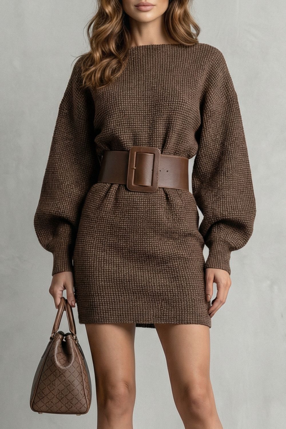 Aderisse – Malha estruturada – Vestido curto com cinto (Cinto incluído)