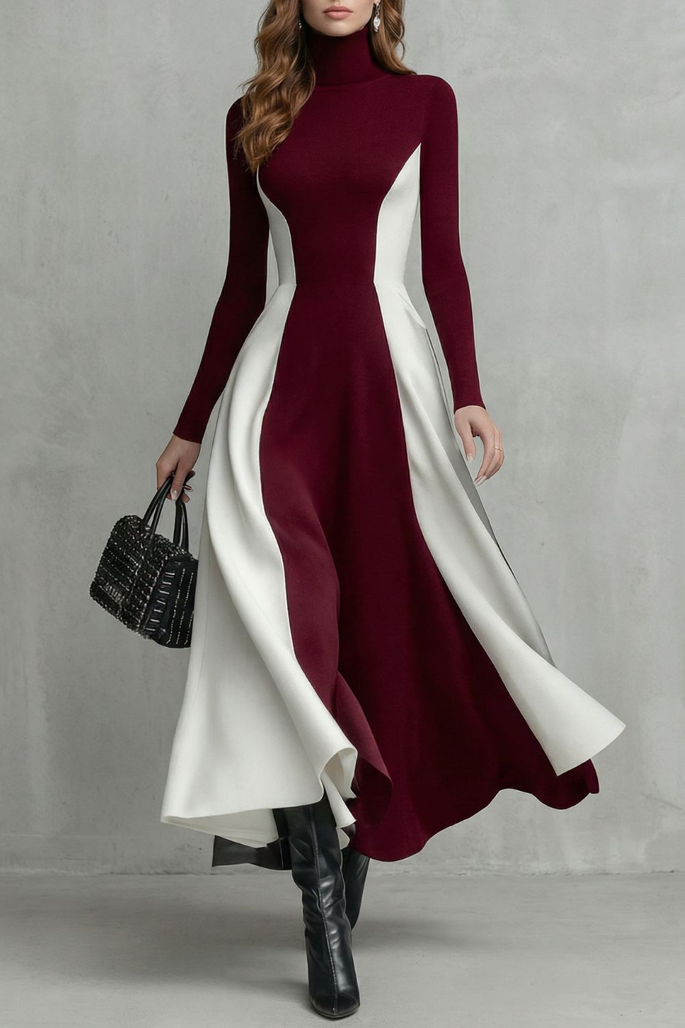Mariveille – Fluidez contrastante com sculpt – Vestido gola alta