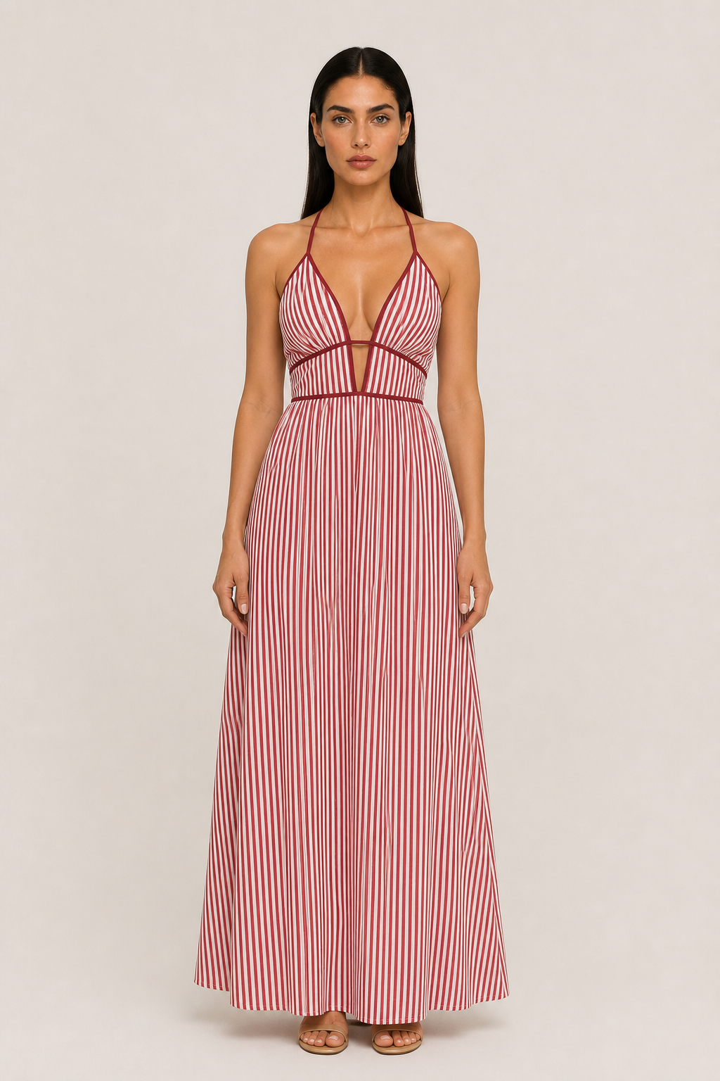 Striped Halter Neck Maxi Dress — studio_front — Helena [ff4e2a4c-17ff-4b92-ad0a-d265fa0a4065]