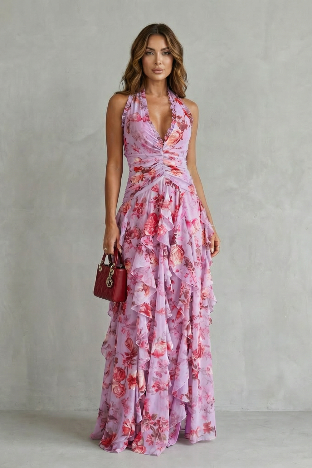 Belladina – Cascata romântica de rosas – Vestido longo frente única
