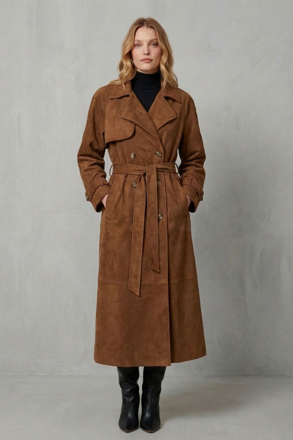 Velloré – Elegância em camurça – Trench coat