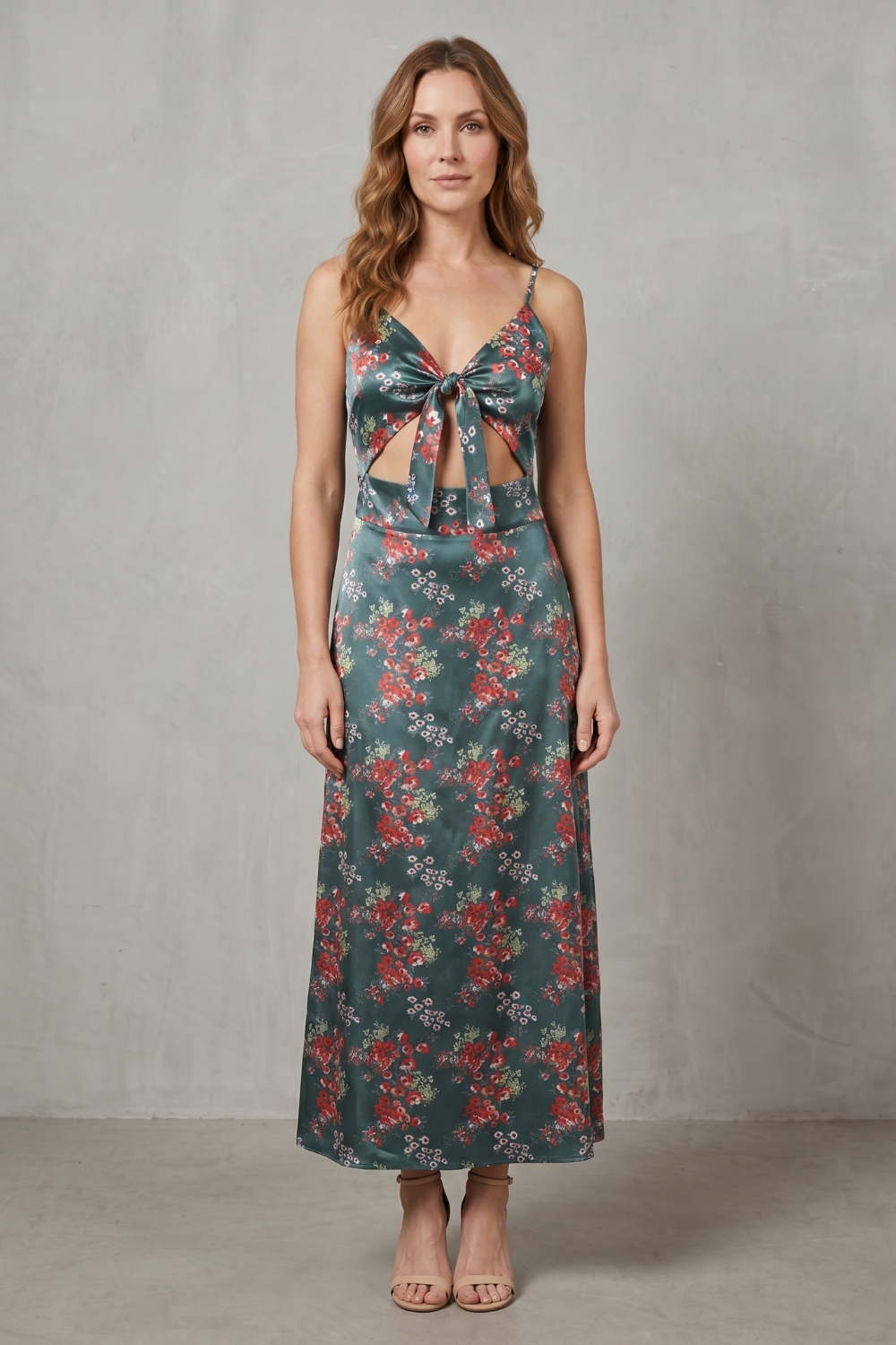 Verdelune – Charme floral acetinado – Vestido midi