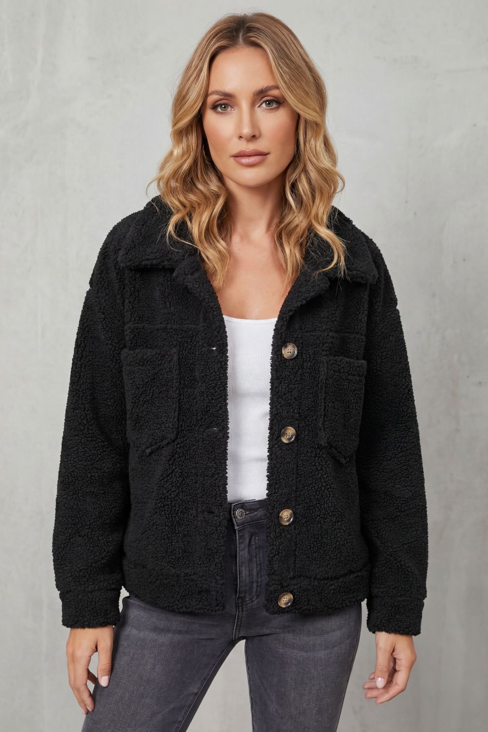 Floretta – Estilo fleece texturizado – Jaqueta com botões